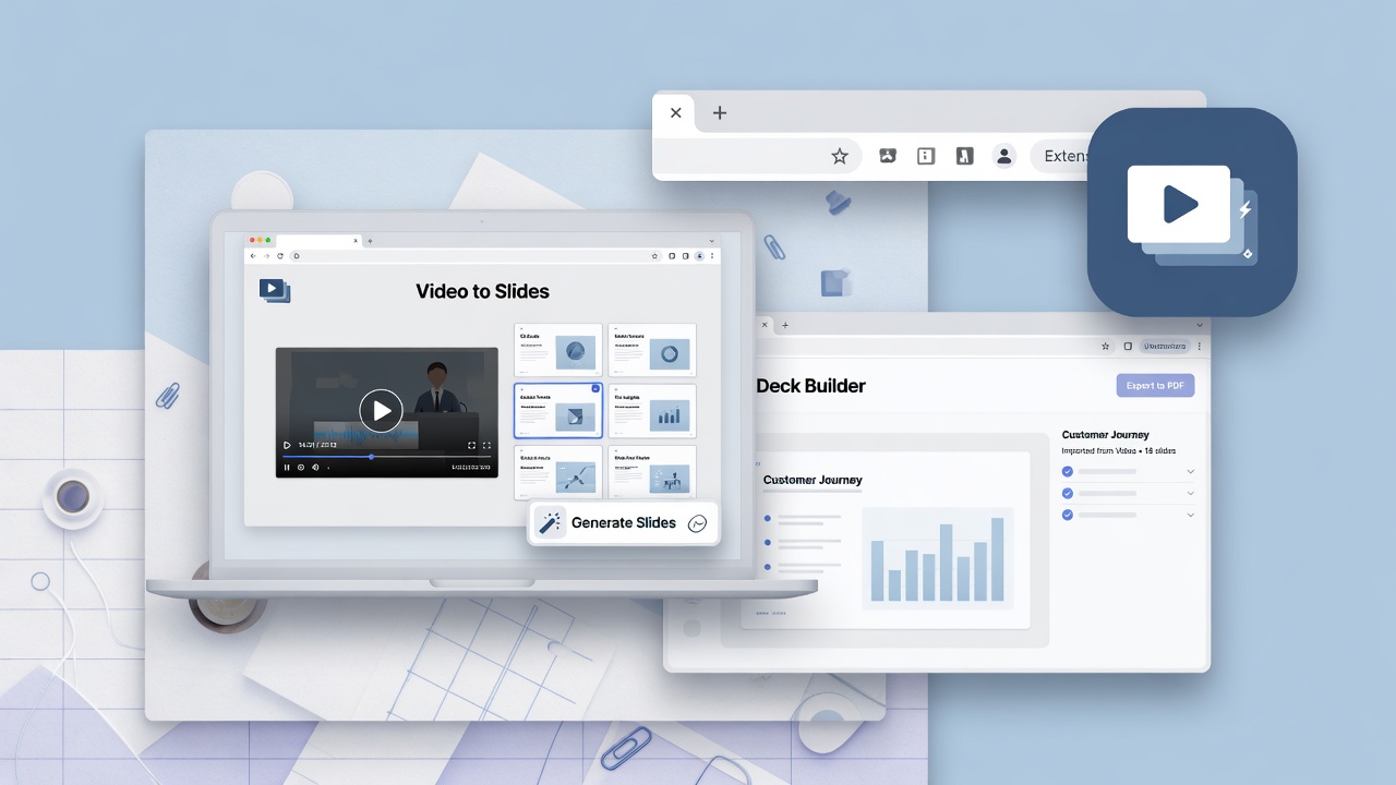 Video2PPT across web workspace, desktop, and browser extension surfaces