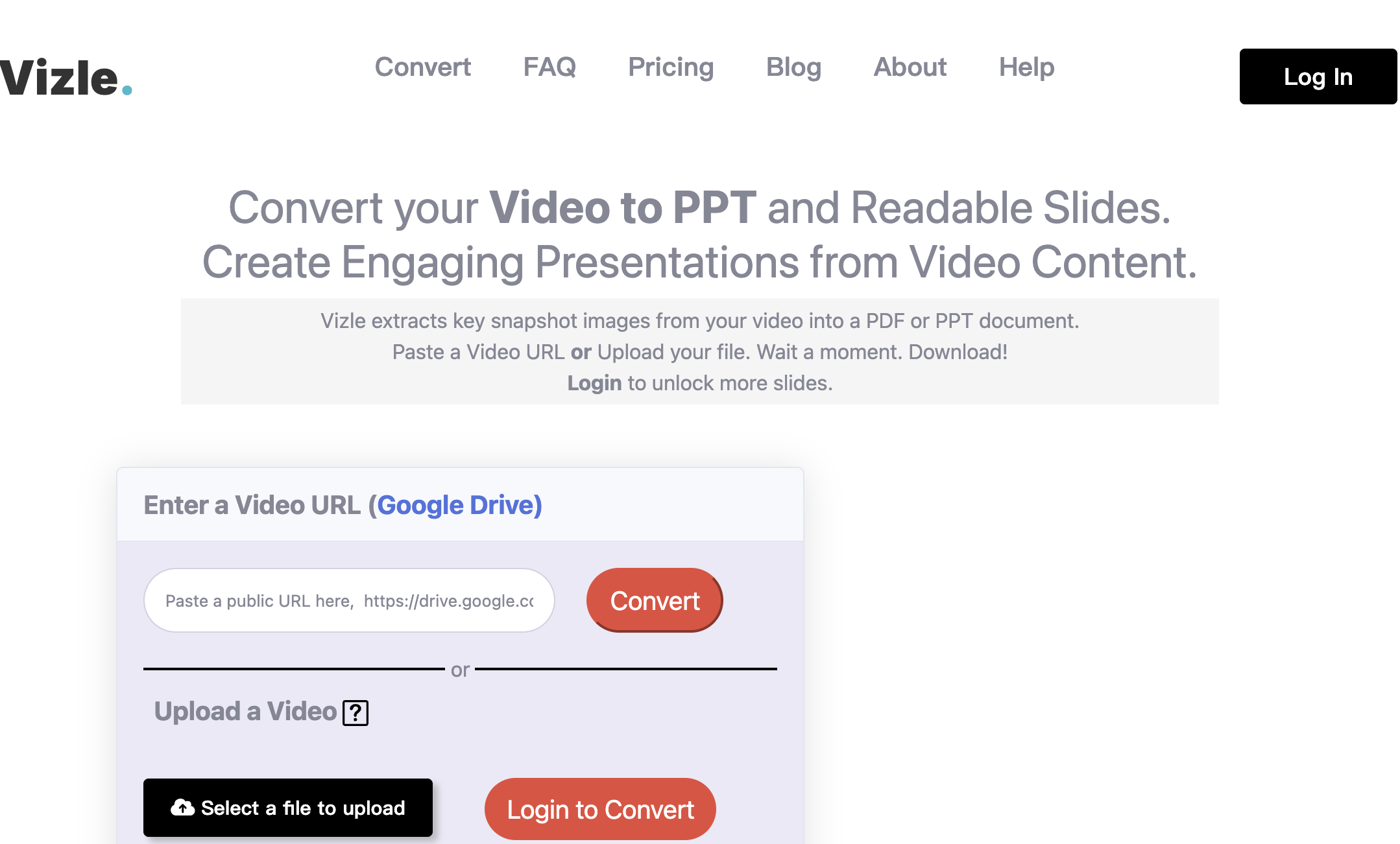 Vizle video-to-PPT converter with URL and file-upload options