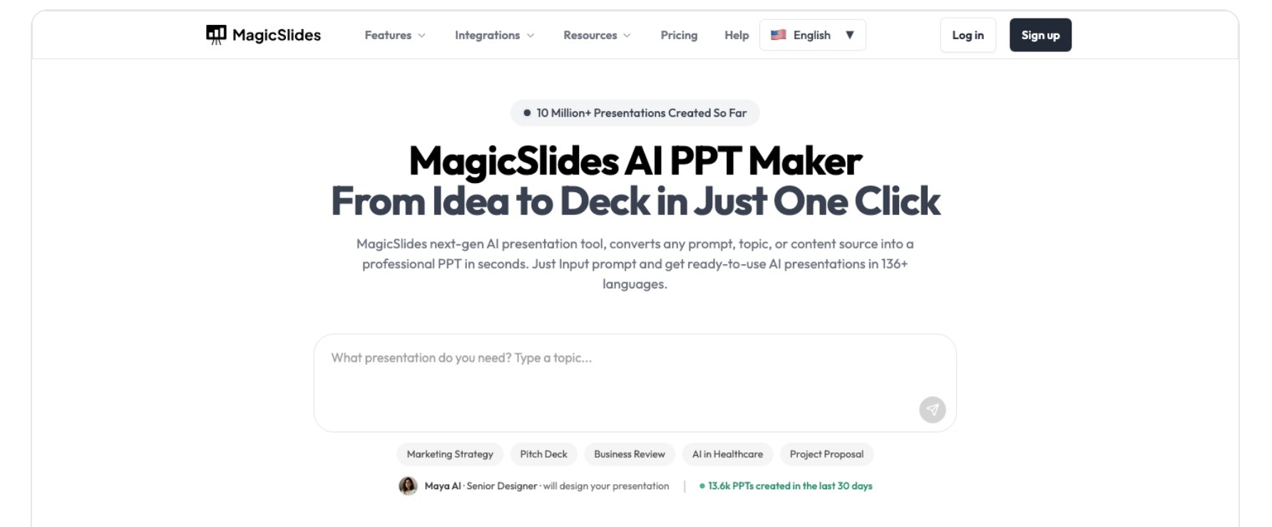 MagicSlides AI PPT Maker homepage with its prompt-based presentation interface