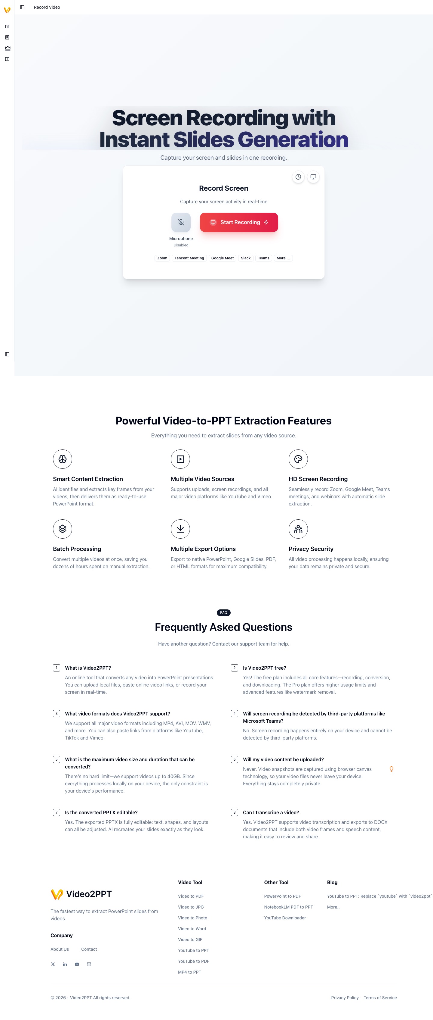 Video2PPT screen recording page