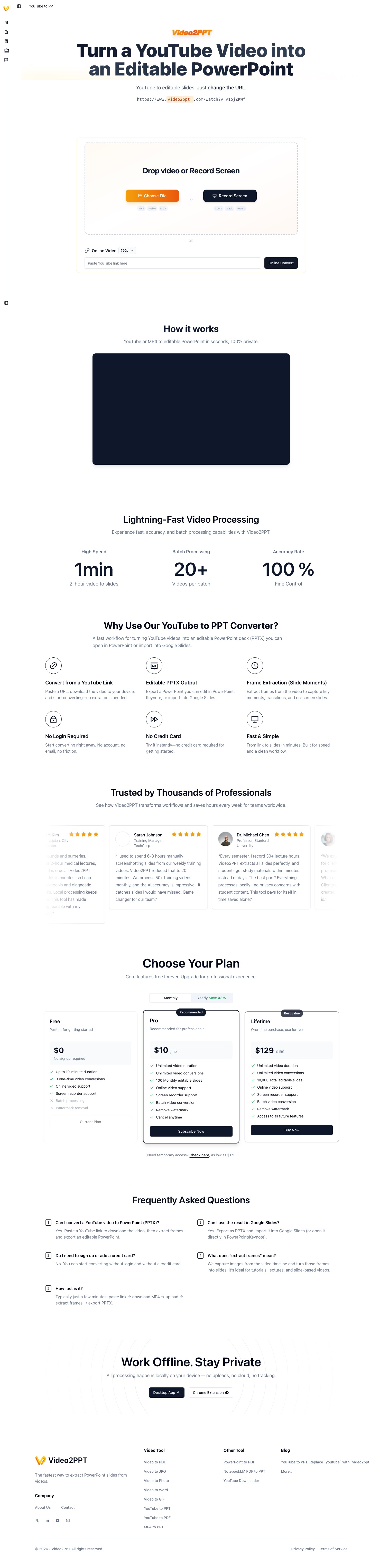 Video2PPT YouTube to PPT workflow page